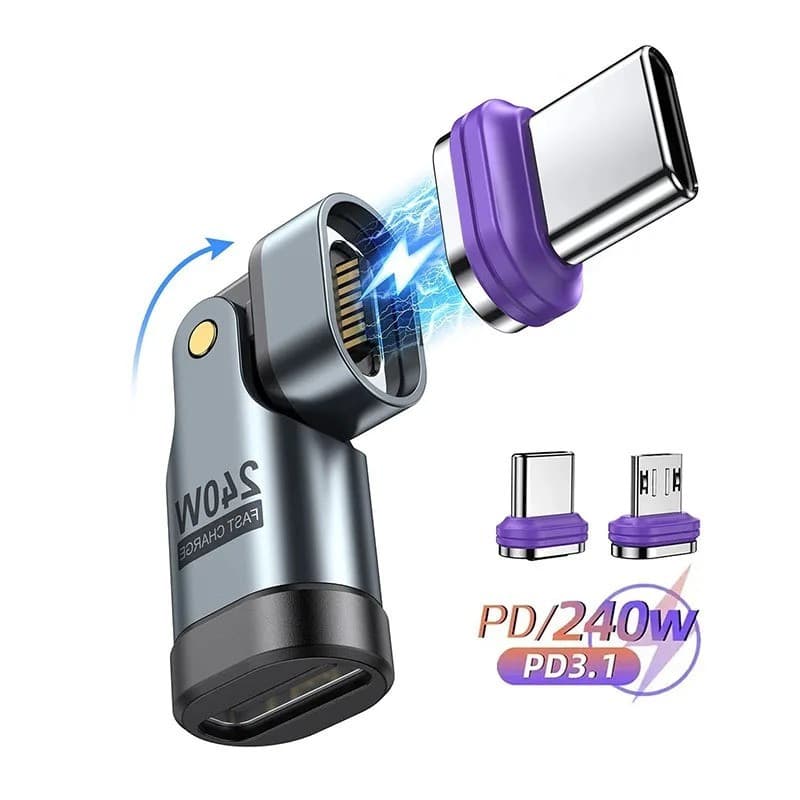 Adaptador de carregamento magnético USBC de 240W com conector em ângulo de 180 graus ° Adaptador Magnético Rotativo Tipo