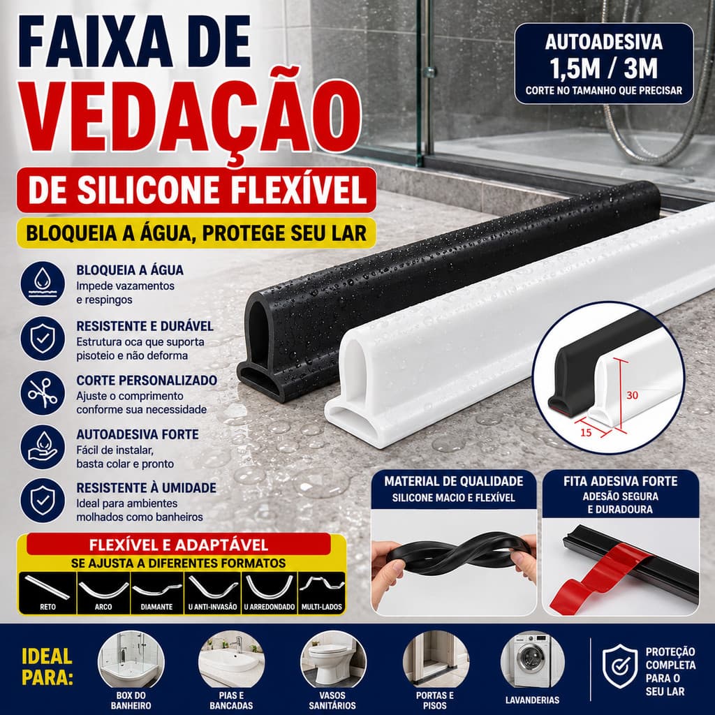 Tira de Vedação de Silicone Autoadesiva Barreira de Água para Banheiro Box Cozinha Lavanderia Flexível Impermeável
