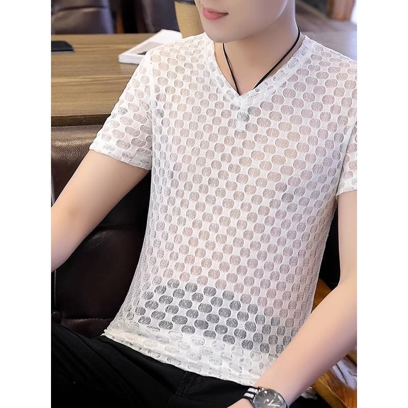 Camiseta de seda gelo masculina de manga curta verão malha oca de secagem rápida fina meia manga roupas superiores mascu