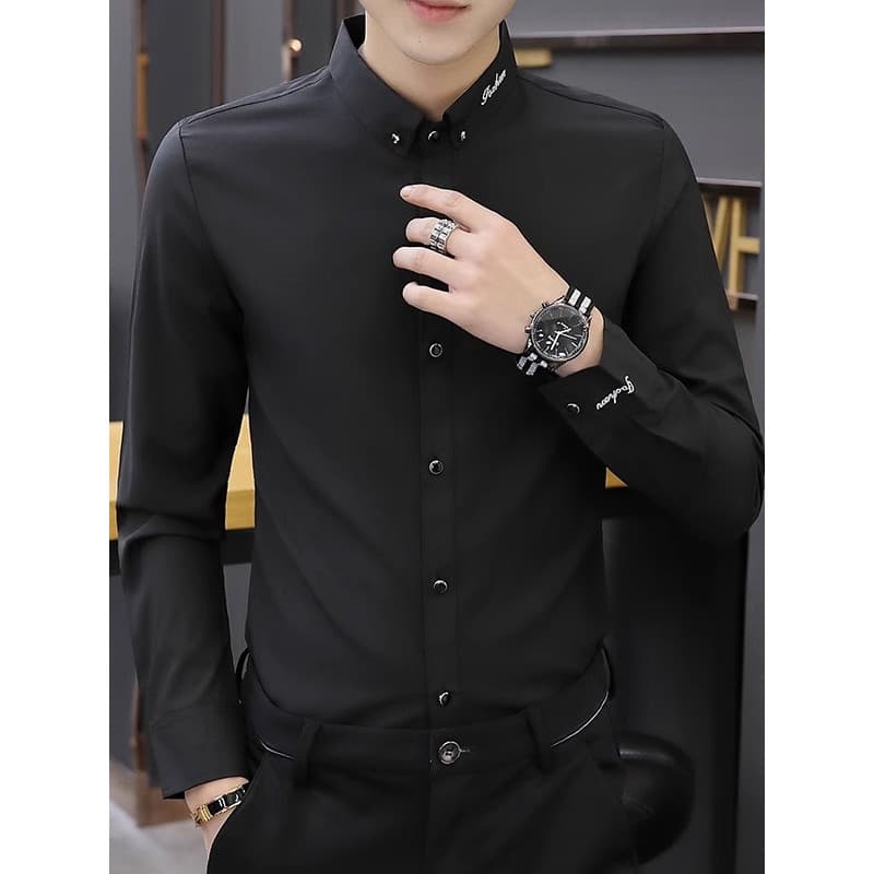 Camisa de primavera masculina de manga comprida versão coreana magro-ajuste Anti-rugas não-ferro camisa preta masculina