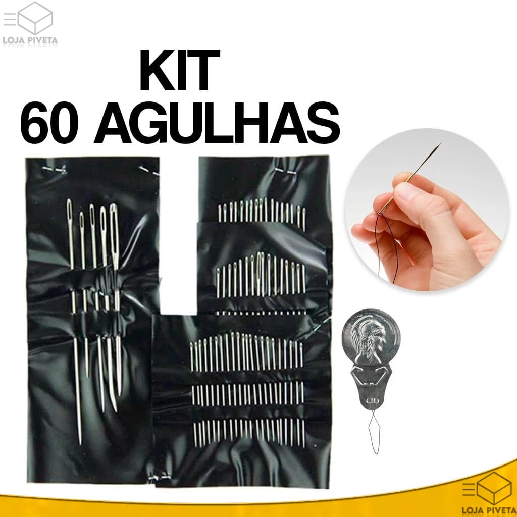 Kit Com 60 Agulhas Para Costura Aço  Passador de Mão Agulheiro de Metal