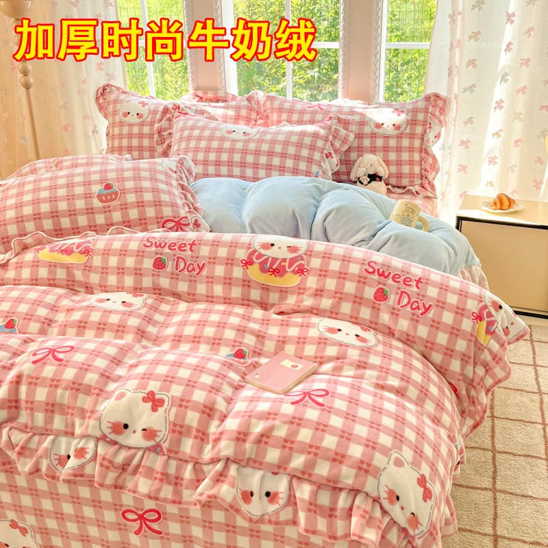 Inverno engrossado INS coreano rendas leite velo conjunto de quatro peças estilo princesa menina pelúcia colcha capa Cor