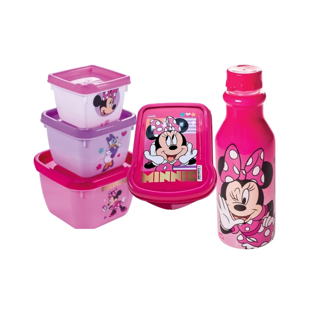 Kit Lanche Escola Garrafinha Meninas Minie Rosa 3pc Plasútil