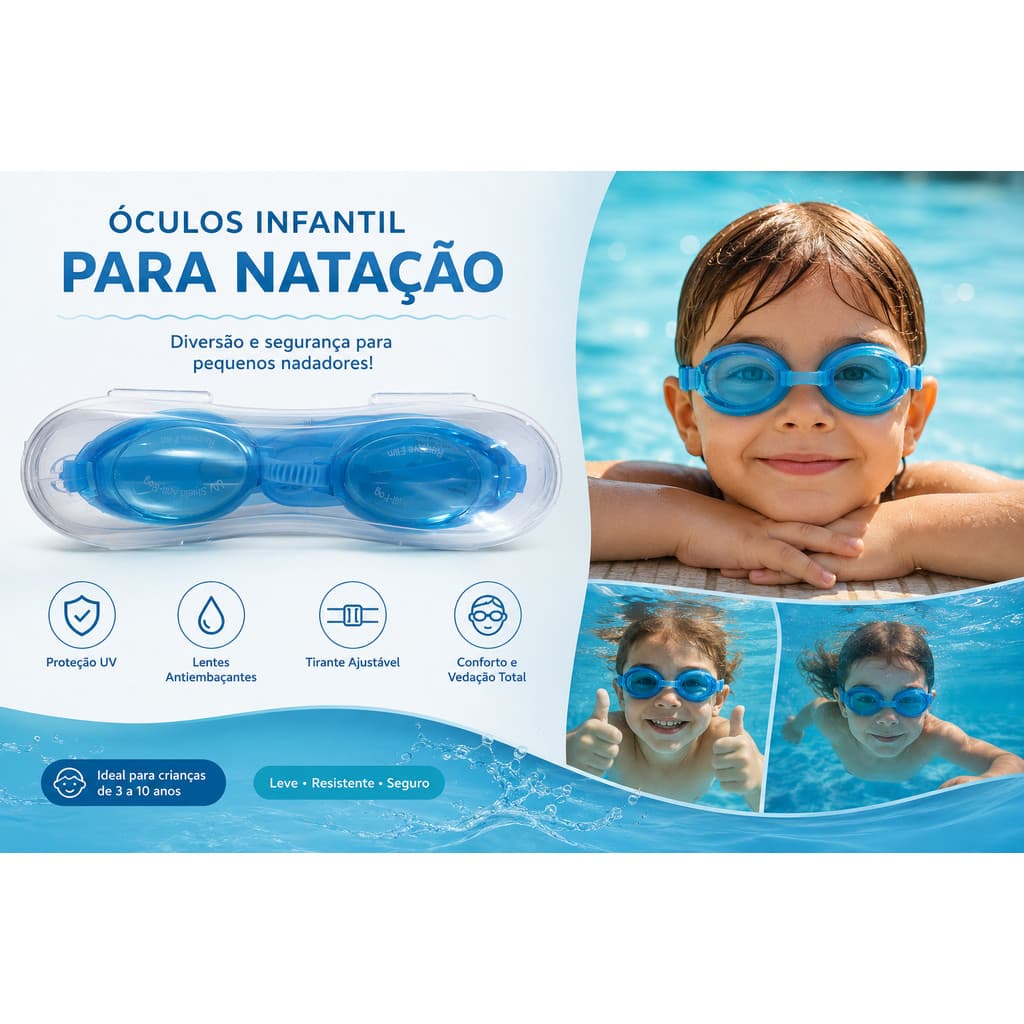 ÓCULOS DE NATAÇÃO INFANTIL COLORIDO PISCINA PRAIA C/ ESTOJO E PROTETOR AURICULAR