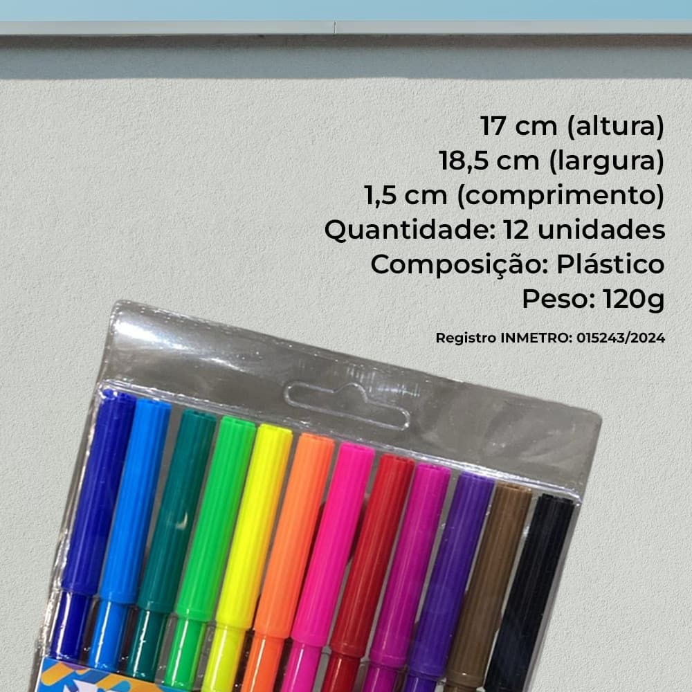 Canetinhas 12 cores ponta fina hidrocor escolar desenho colorir estudo infantil