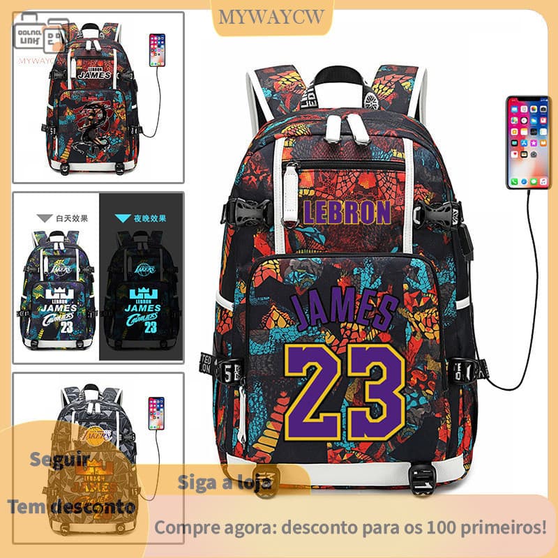 Mochila Lakers James No. 23 com Carregamento USB + Compartimento para Laptop de 14 Polegadas, Merchandise de Basquete, B