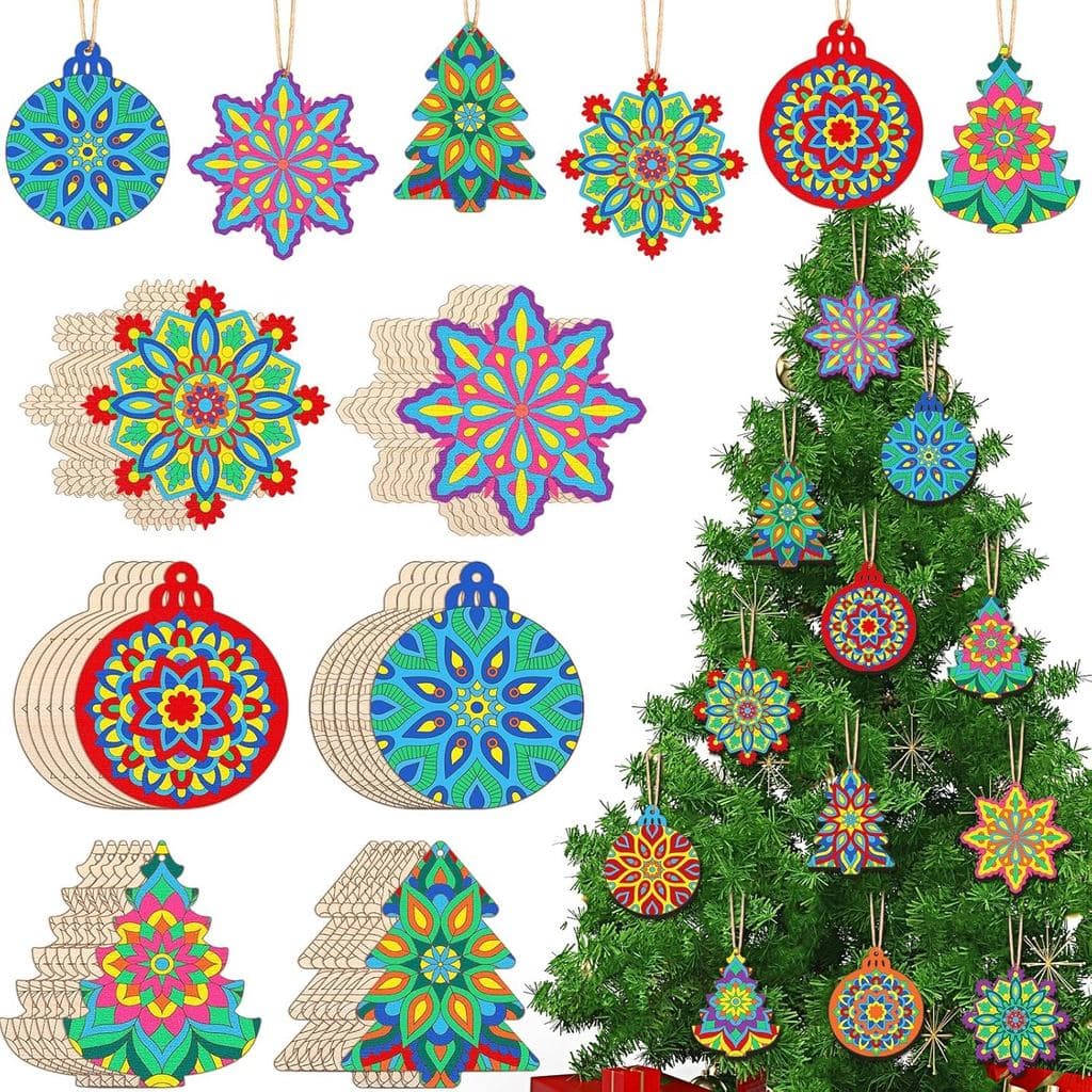 Conjunto de 36 Enfeites de Natal de Madeira com 12 Canetas Coloridas, Recortes de Mandala Não Acabados para Artesanato D