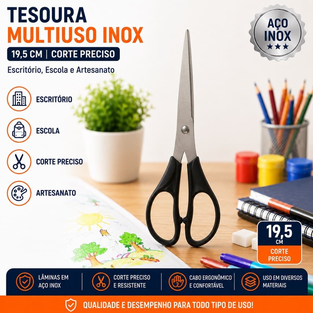 Tesoura Multiuso Inox 19,5 cm Corte preciso Escritório, Escola e Artesanato