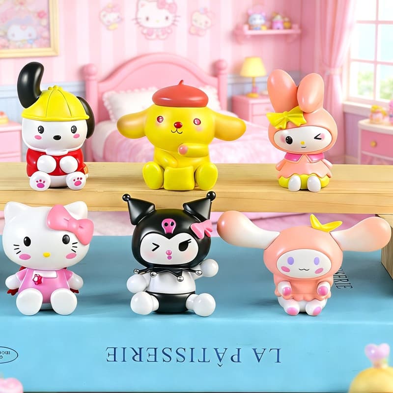 6 Pçs/Set 5cm Japão Anime My Melody Q Versão Gashapon Posição Sentada Kuromi Cinnamoroll Hello Kitty Pom Purin Figuras D