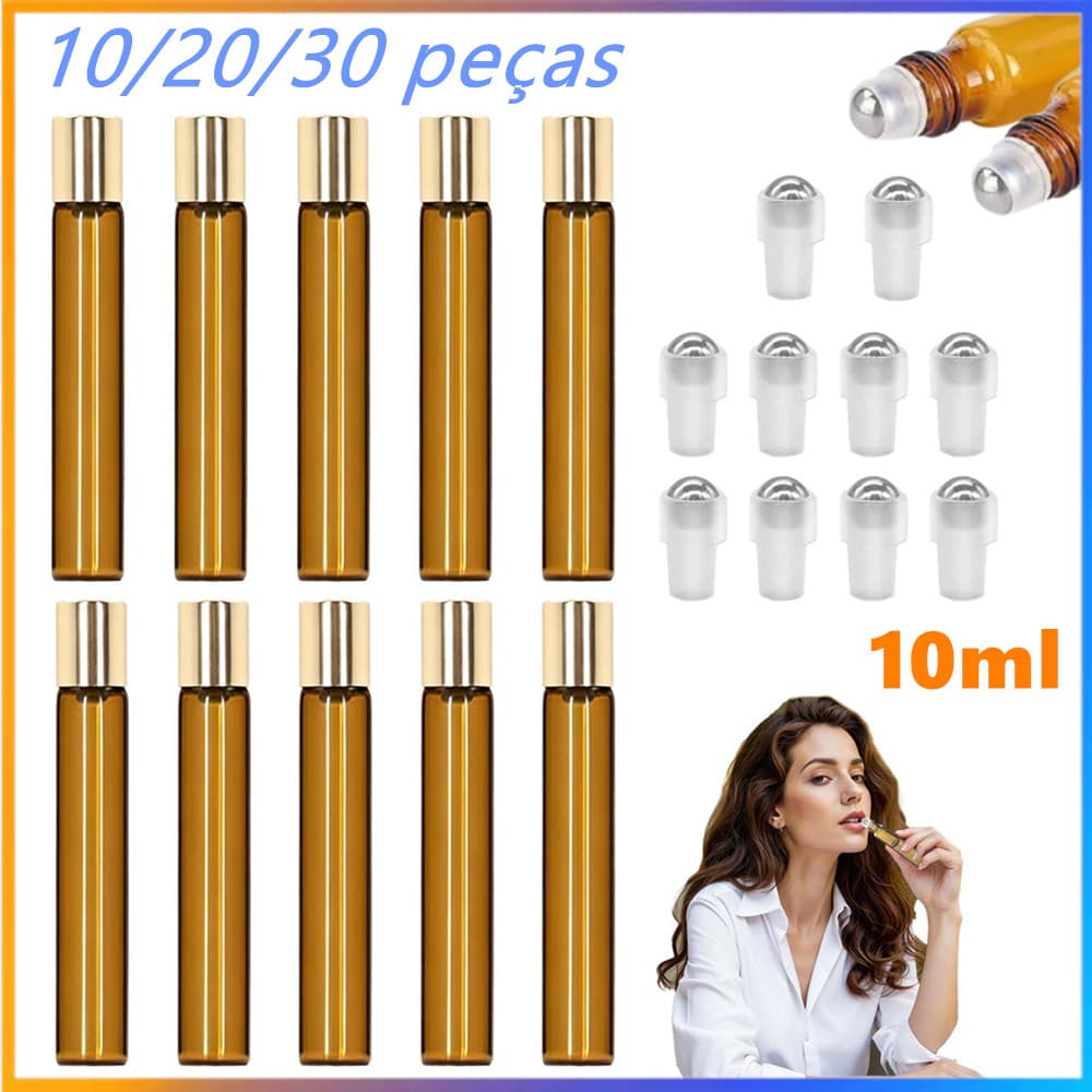 Frasco de rolo de óleo essencial de vidro de 10ml, recarregável, aplicador de Aroma âmbar, 10-30 unidades