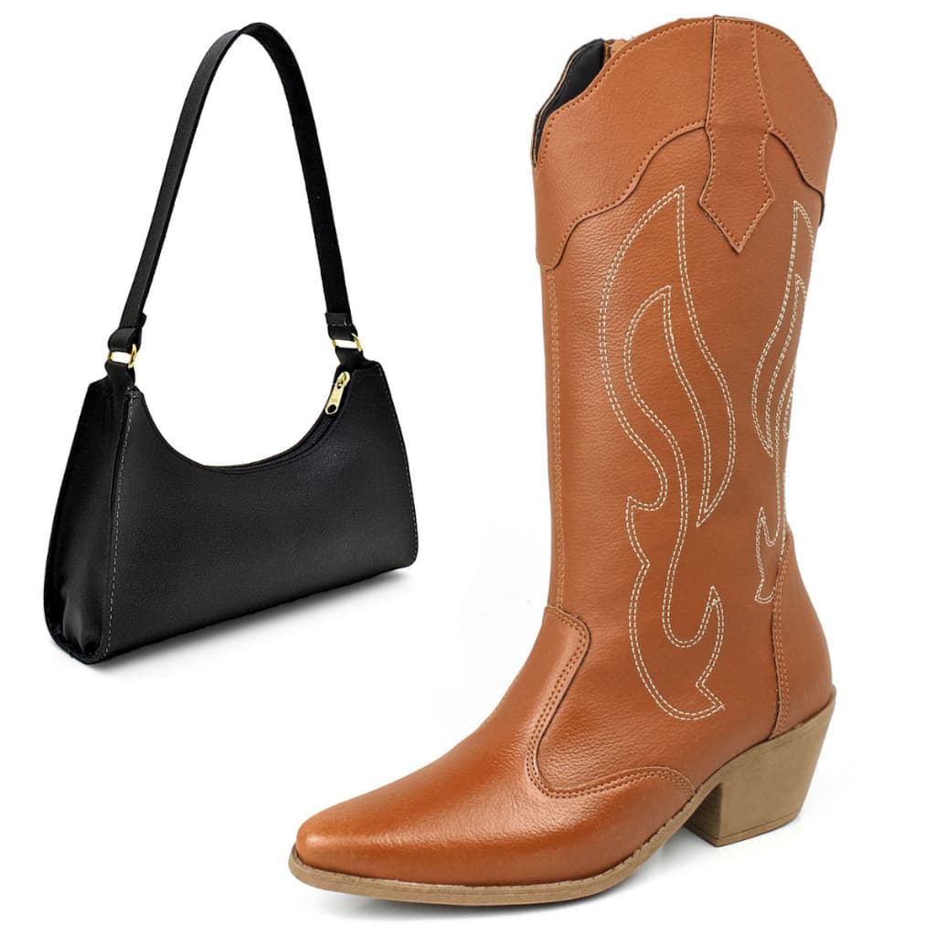 Kit Bota Texana Feminina Western Country Cano Médio Salto Grosso Com Bordado + Bolsa De Ombro Preta Pequena