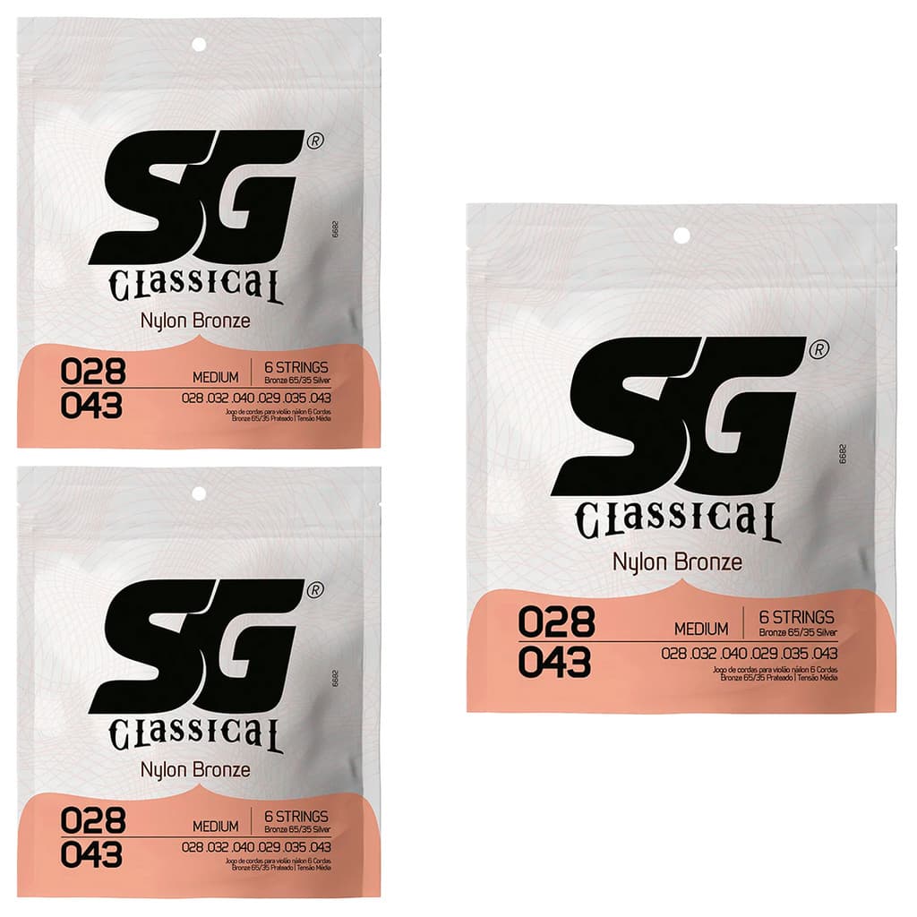 Kit 3 Encordoamento P/Violão Nylon Bronze SG Tensão Média