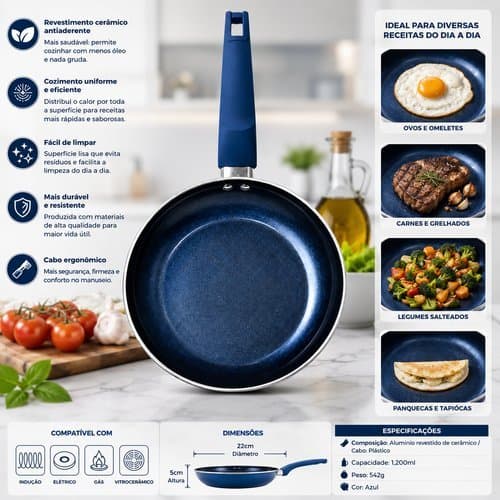 Frigideira Antiaderente Revestimento Ceramico 22cm Azul Cozinha Duravel Facil Limpeza