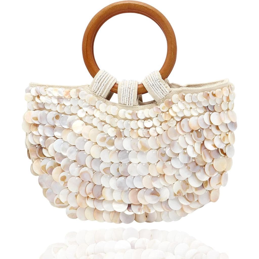 Bolsa de Concha Miuco para Mulheres, Clutch Artesanal com Contas de Concha, Bolsa de Praia com Alça Superior de Madeira