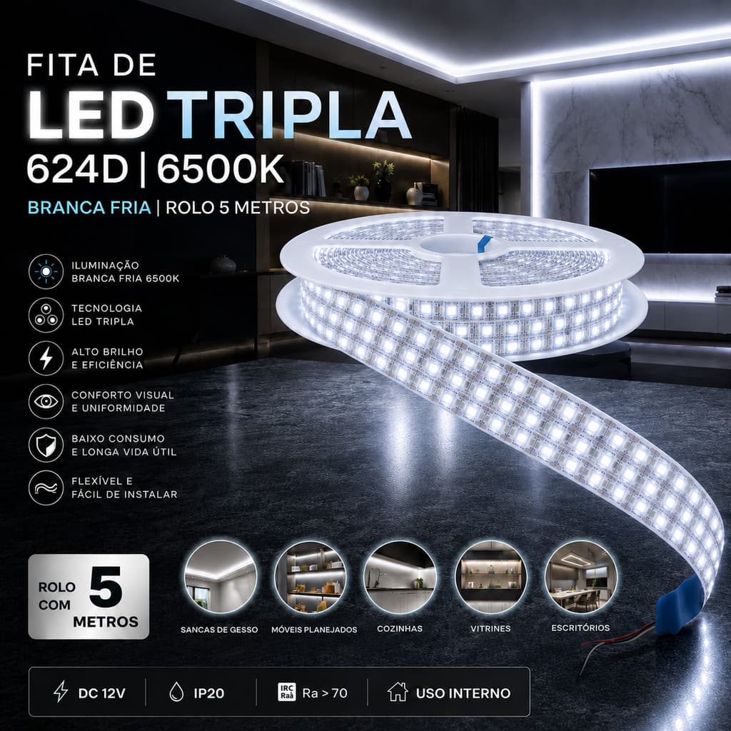 FITA LED 5 METROS 6500K BRANCA FRIA ALTO BRILHO 12V PROFISSIONAL