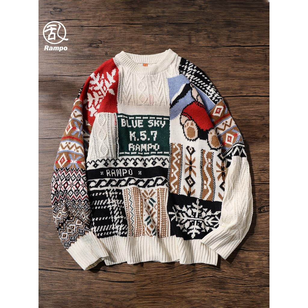 Suéter de urso de desenho animado, suéter masculino e feminino com gola redonda, inverno americano, retrô, estilo japonê