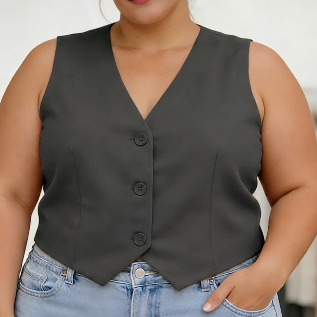 Colete Plus Size Tecido Alfaiataria Feminino Social Botões Estilo Moderno