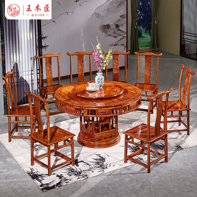 Wang Carpenter Rosewood Ming Estilo Mesa de Jantar Redonda Combinação de Cadeiras Uma Mesa Seis Cadeiras Pequeno Apartam