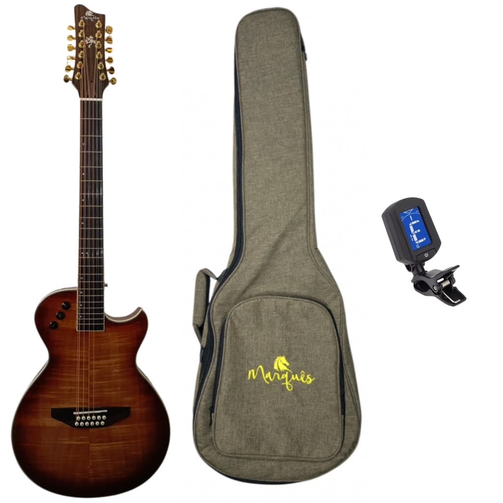 Kit Violão Aço 12 Cordas Elétrico Flat Marquês Bag Afinador