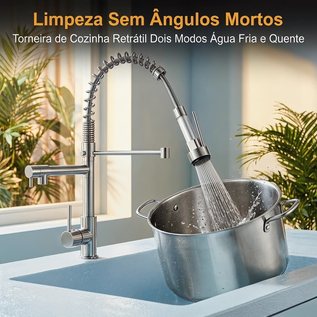 TORNEIRA DE COZINHA AÇO INOX 304 RETRÁTIL COM MOLA, ÁGUA FRIA E QUENTE, 2 MODOS DE JATO