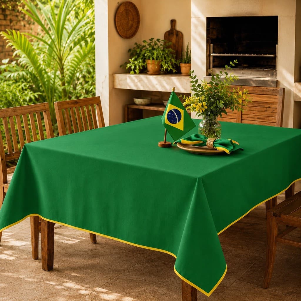 Toalha Mesa Oxford Lisa Copa do Mundo Brasil Verde Amarela Futebol Jogos Cozinha Jantar Decoração 4 6 8 10 12 Lugares BR