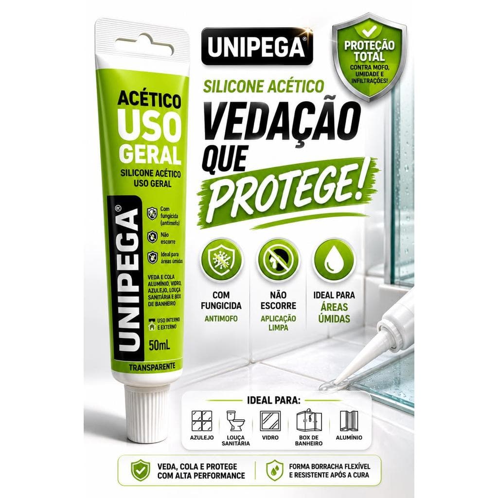 Silicone em Bisnaga para Box Unipega 50g Vedação Profissional Incolor de Alta Aderência e Resistente