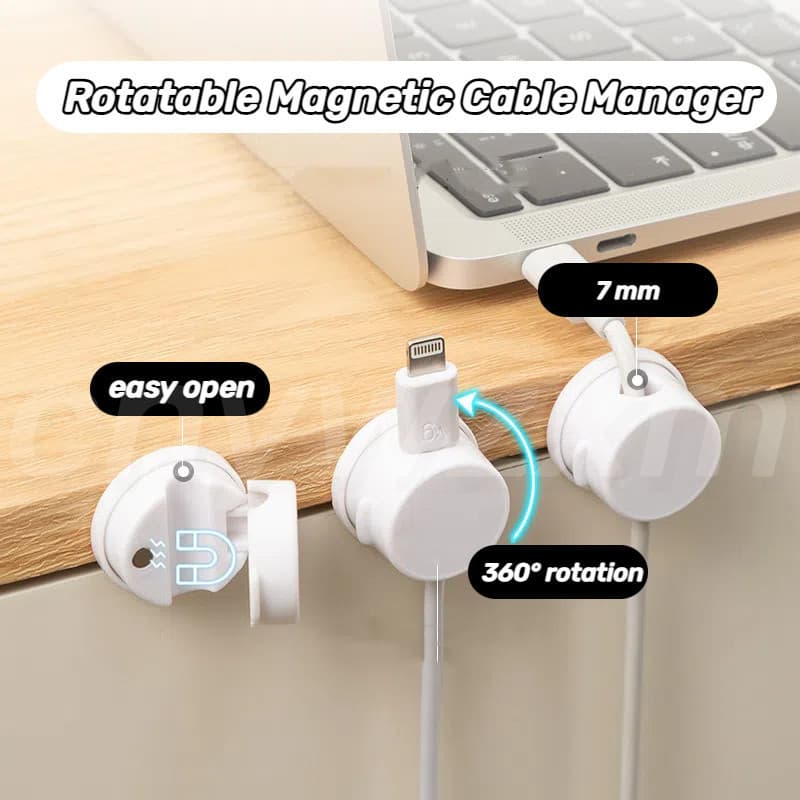 Organizador de cabos magnético ajustável e rotativo de 3/6 peças para armazenamento de dados e carregamento em mesa.