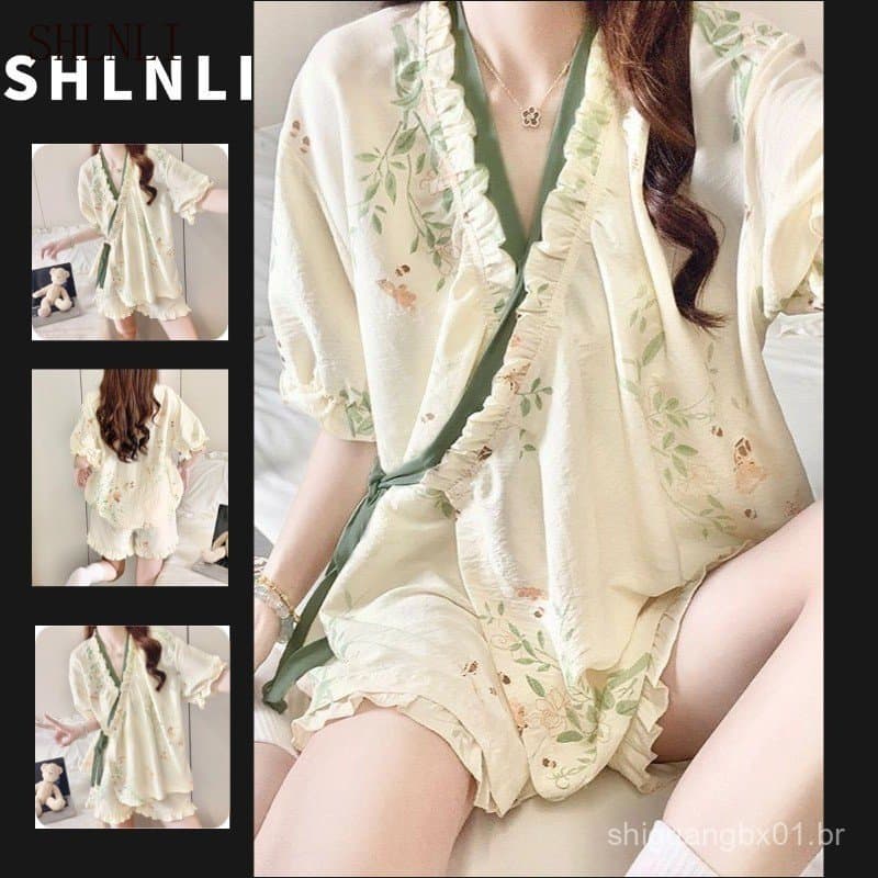Conjunto de Pijama Feminino de Verão com Manga Curta e Shorts Soltos com Amarração HEKA