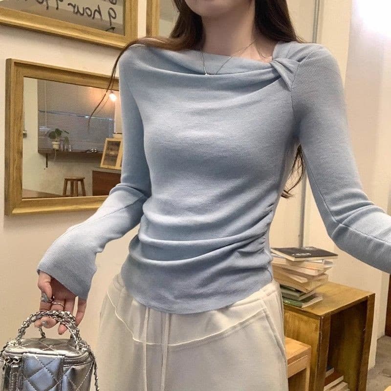 Francês fora do ombro plissado estilo coreano usar camisa de fundo de malha feminina outono inverno novo estilo temperam