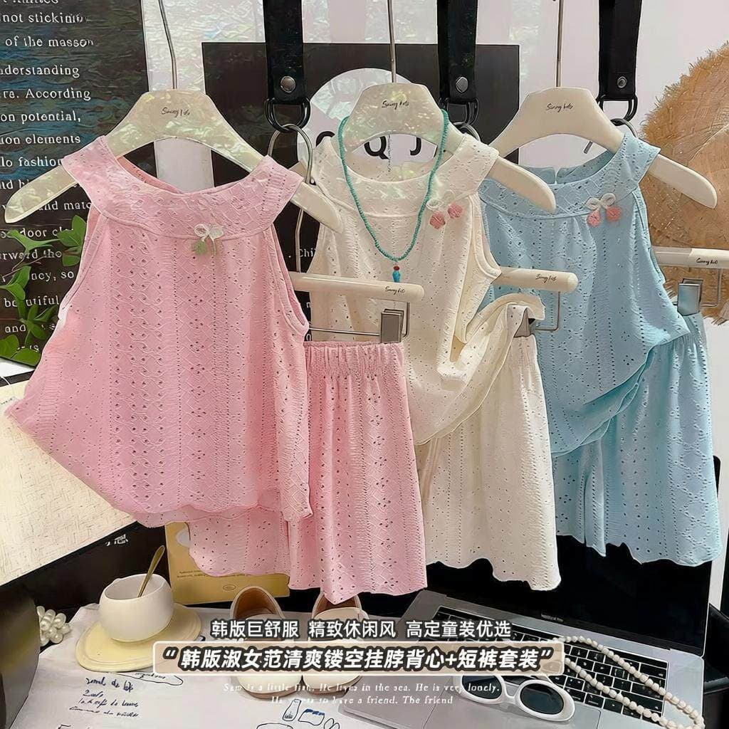 Verão novo estilo oco estilingue saia terno meninas estilo ocidental babados colete saia calças versão coreana bebê tern