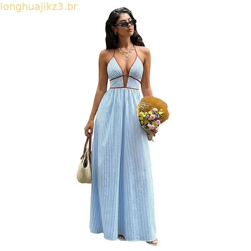 2026 verão novo estilo profundo decote em V listrado vestido de férias venda quente Halter sem mangas Halterneck saia lo
