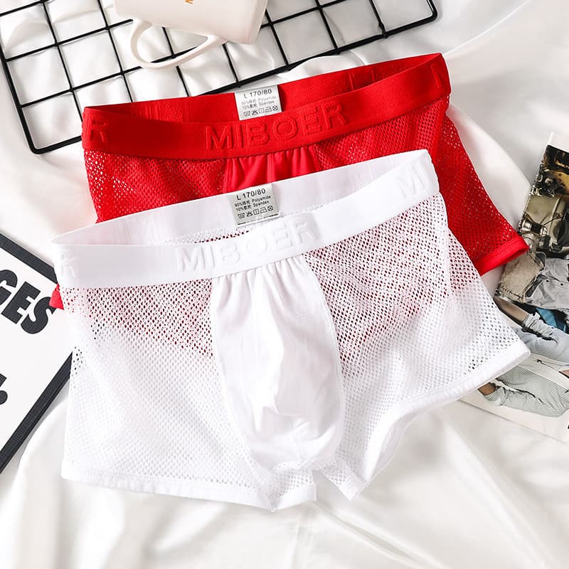 Cuecas boxer masculinas de malha transparente e respirável