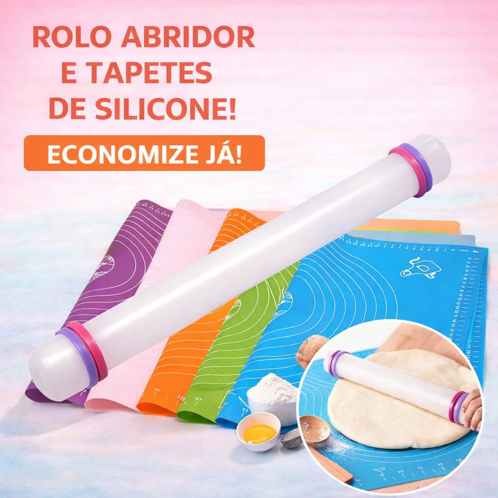 KIT Tapete Apoio De Silicone Culinário Cozinha Confeitaria + Rolo Bastão Cilíndrico Abridor de Massa Fondant Biscuit
