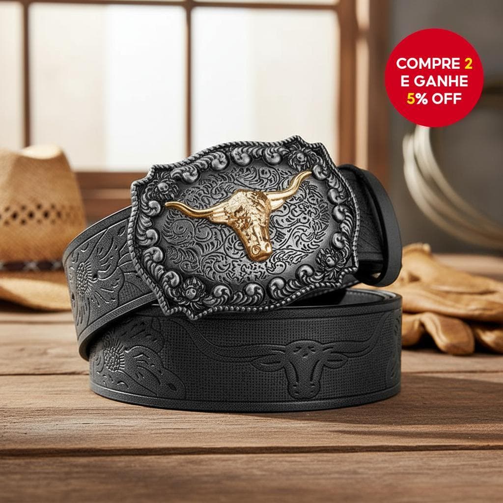 Cinto Masculino Estiloso Ocidental em Marrom - Preto, Couro Falso, Design Cowboy com Estampas Em Relevo e Fivela de
