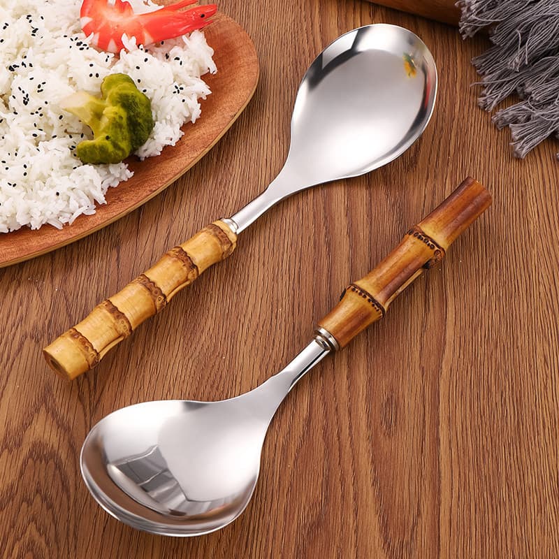 KATELV Colher De Arroz Com Cabo De Bambu Real 304 Concha De Aço Inoxidável Big Spoon Serving
