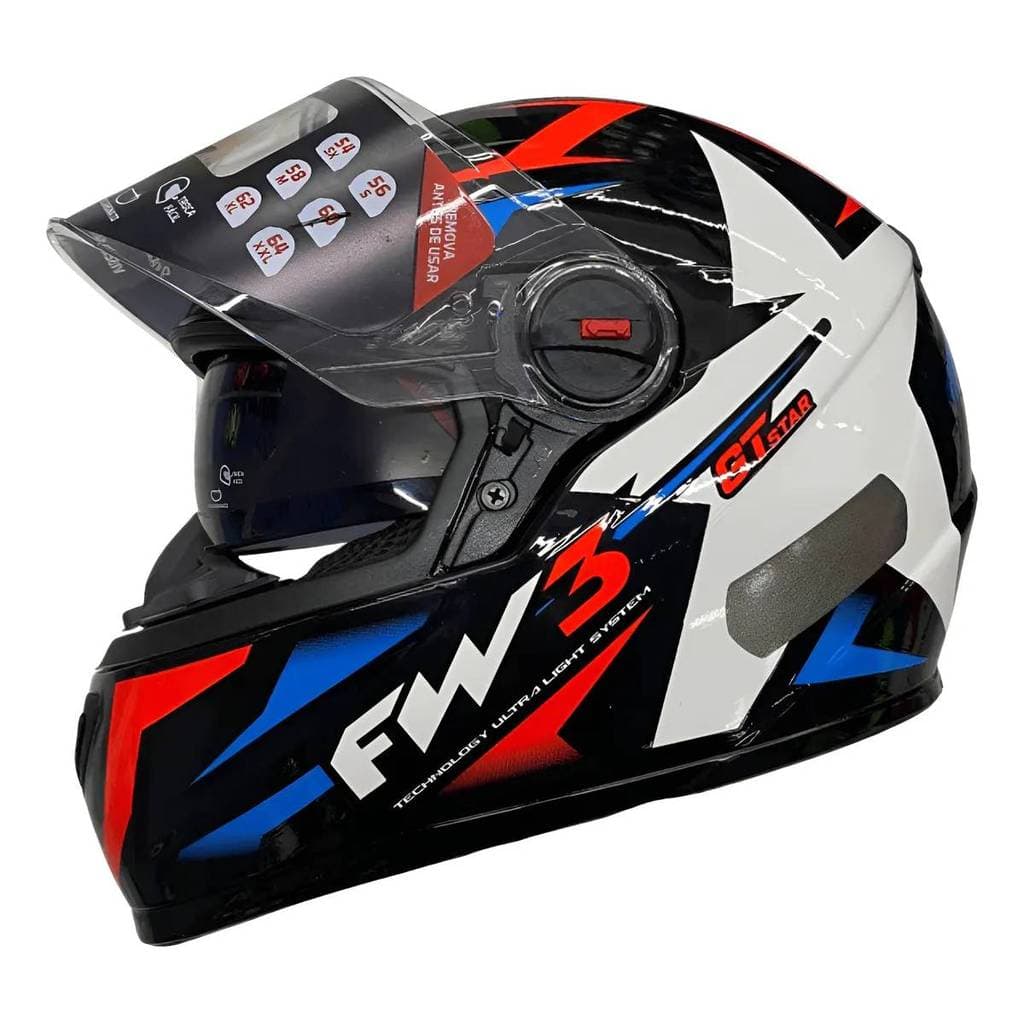 CAPACETE FW3 GTX STAR PRETO AZUL VERMELHO COM OCULOS 58 M