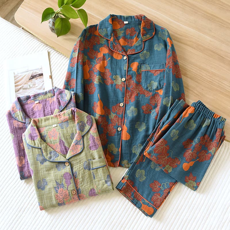 Senhoras primavera outono puro algodão pijamas de manga comprida algodão 100% fio-tingido Retro roupas de vida mãe de me