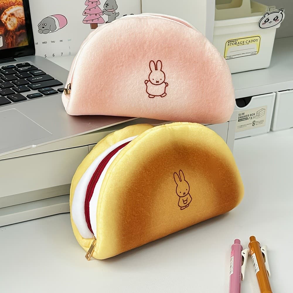 Adorável Bolsa de Armazenamento em Forma de Pão com Estampa de Coelhinho, Estojo de Papelaria de Grande Capacidade para