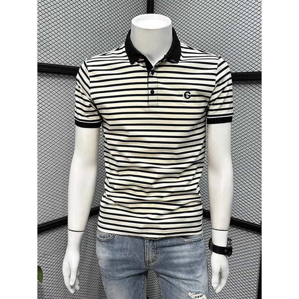 Camisa POLO listrada masculina de manga curta verão 2024 novo estilo Casual meia manga High-End Street Wear All-Match ma