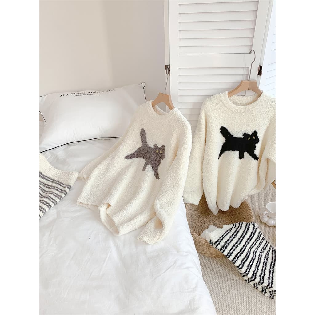 Gato Preto |Loungewear macio engrossado lã quente Coral velo bonito pijama branco feminino outono inverno
