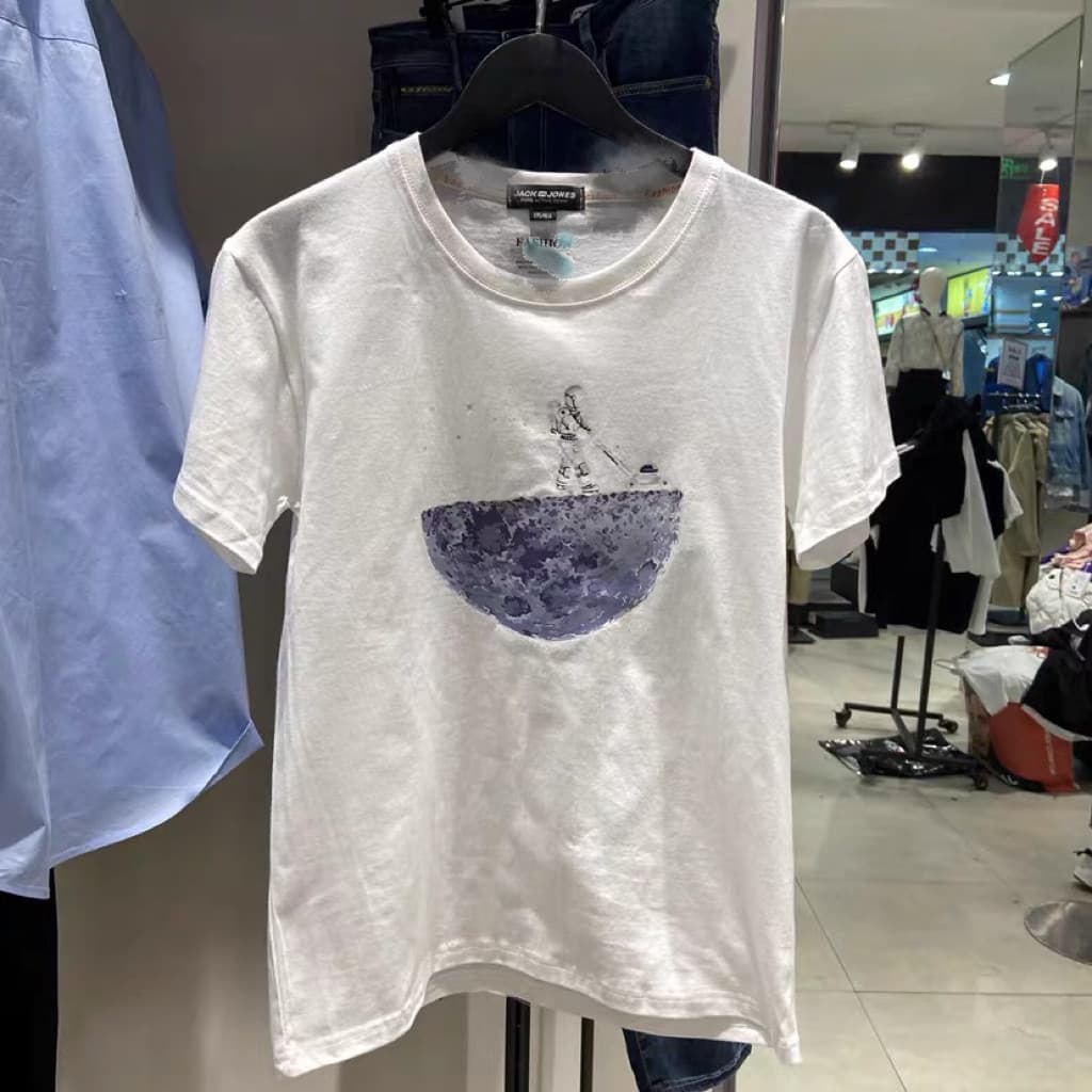 JJ corte etiqueta masculina novo estilo verão em torno do pescoço puro algodão Casual estiramento fino-ajuste impresso j