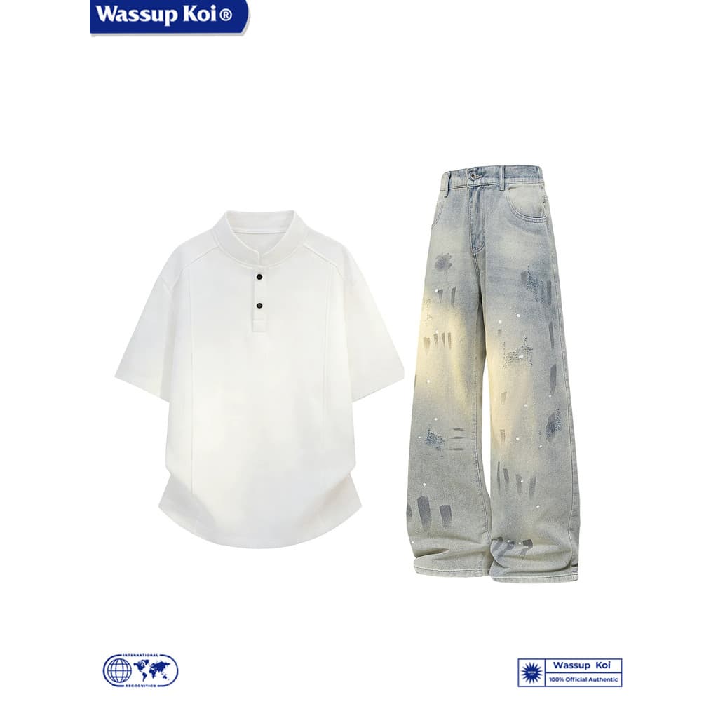 WASSUP KOI Co-Branded Ombro Genuíno Henry Collar Camiseta de Manga Curta Jeans Terno Masculino Verão Casual Conjunto Top