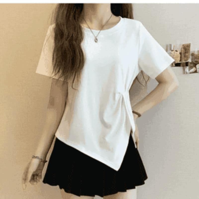 Plus Size roupas femininas ligeiramente gordura MM verão novo estilo de manga curta camiseta Irregular divisão moda All-