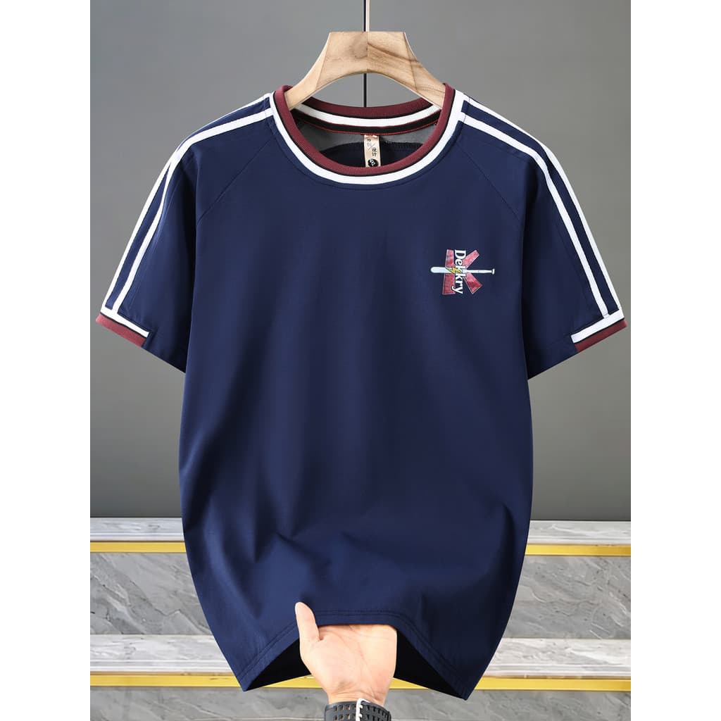 Elegante tamanho grande High street letras street Wear cor combinando em torno do pescoço de manga curta camiseta mascul