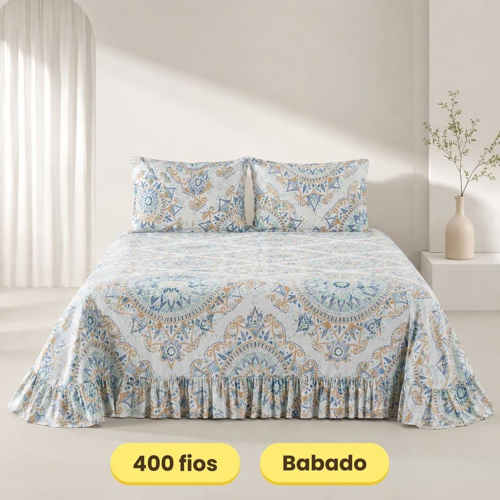 Colcha Cobre Leito 400 fios com Babado Laila Estampado com Porta Travesseiro EDDI Casa