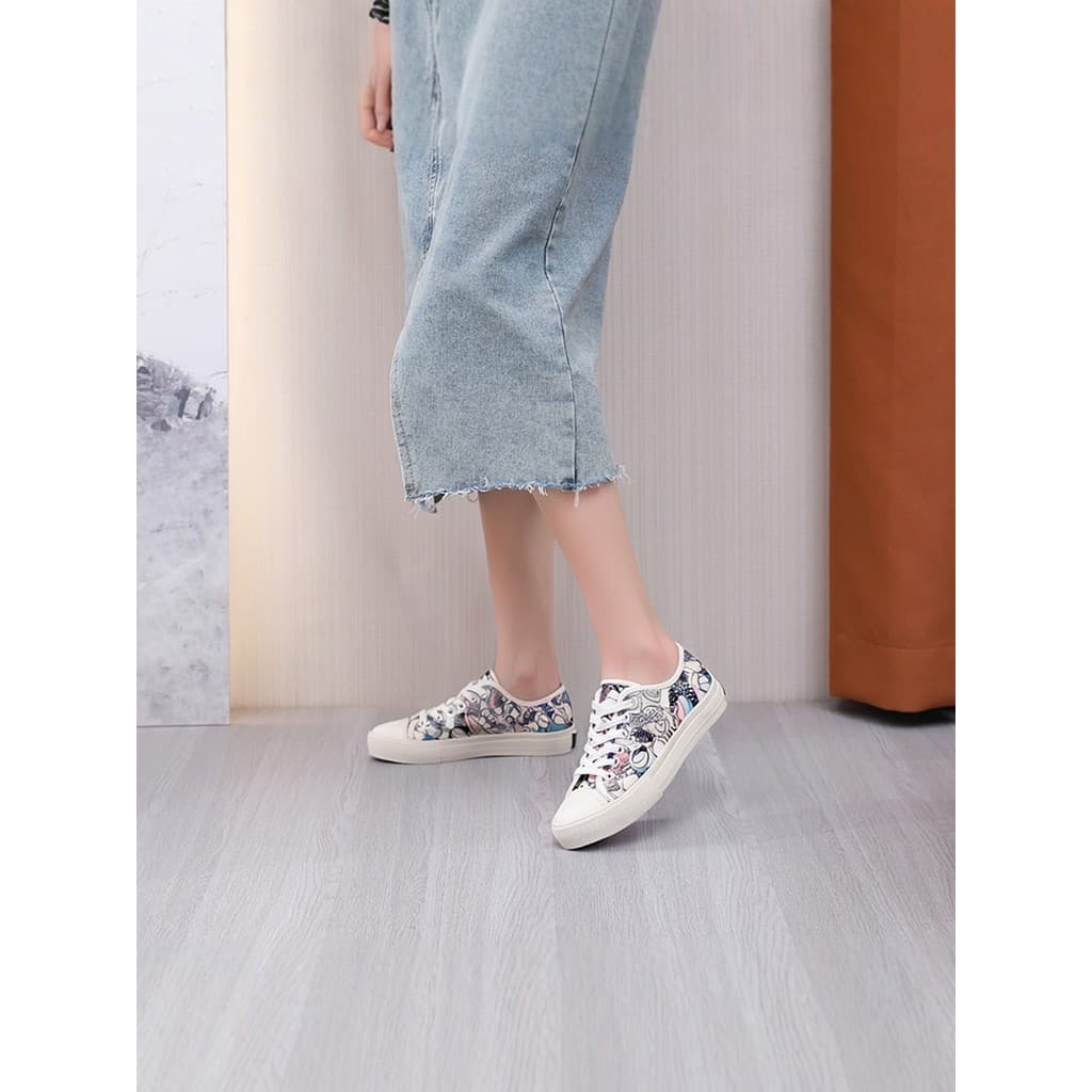 Estilo Preppy dedo do pé redondo cruz amarrado leve sapatos femininos tendência da moda impresso sapatos de lona casuais