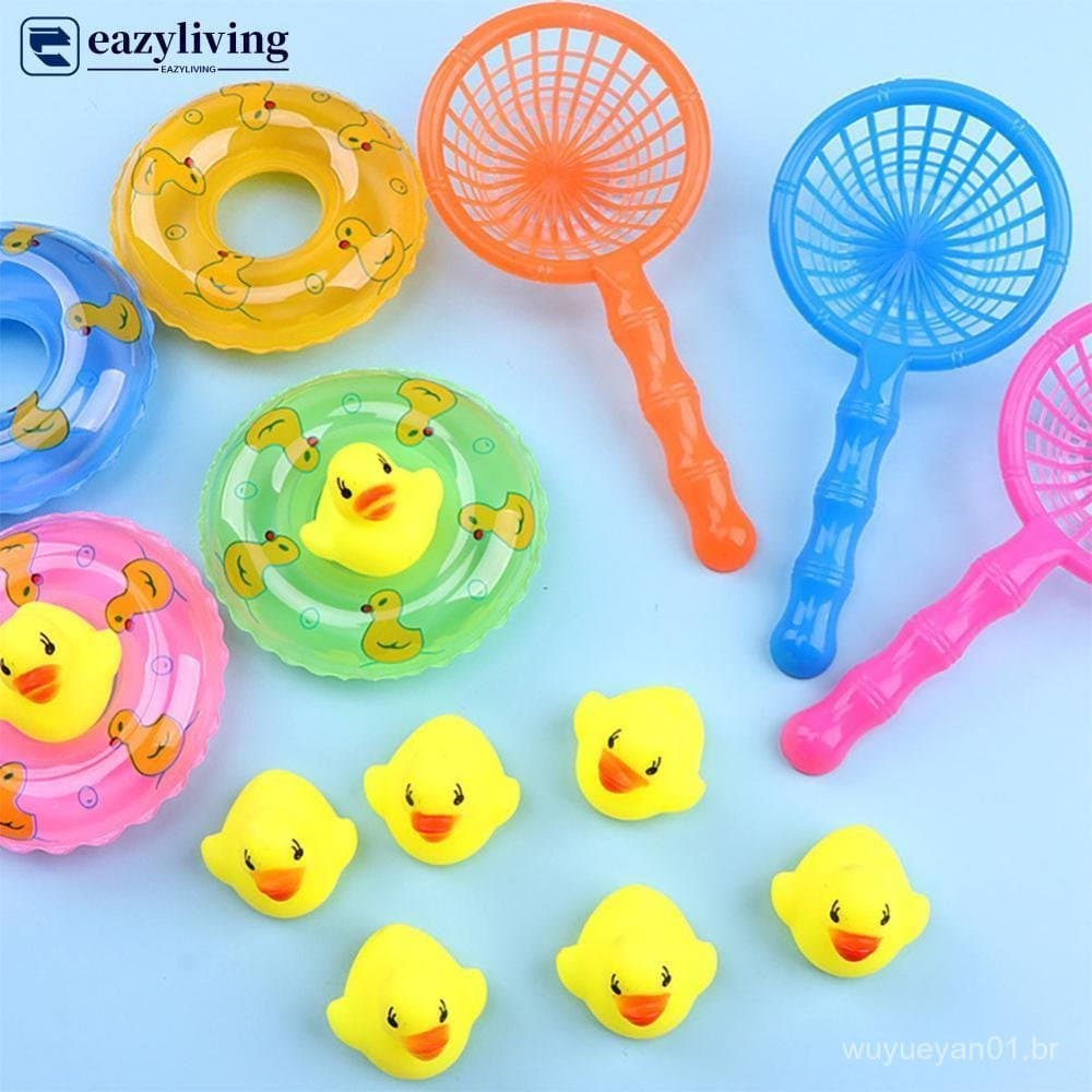 EAZYLIVING 5 Pçs/set Bebê Flutuante Pato Brinquedos De Banho Mini Anéis De Natação Borracha Patos Amarelos Rede De Pesca