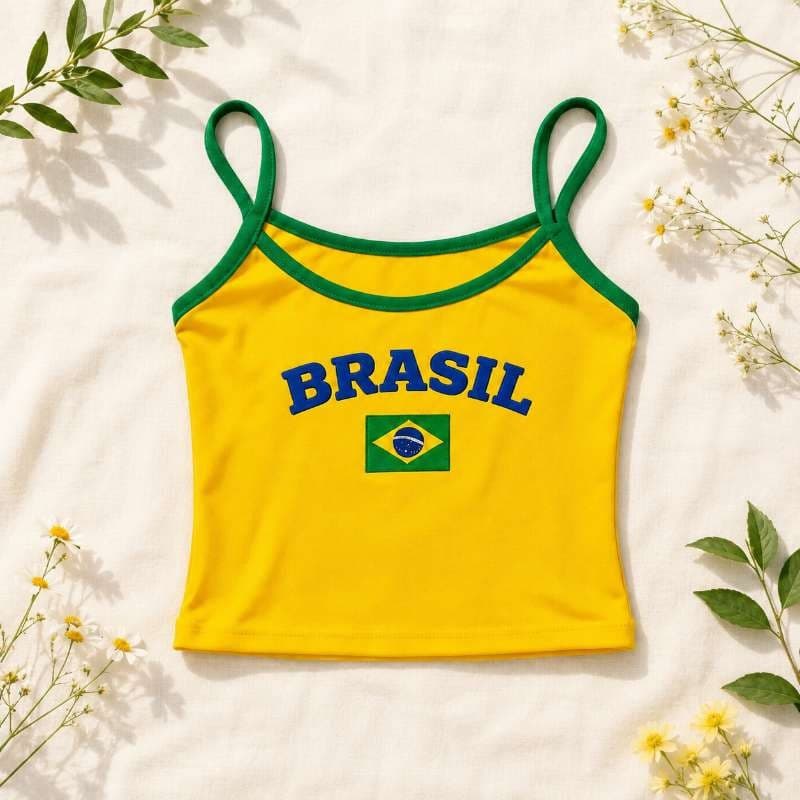 Regata Feminina Brasil Cropped Alça Fina Amarela Verde com Bandeira do Brasil Moda Verão Y2K
