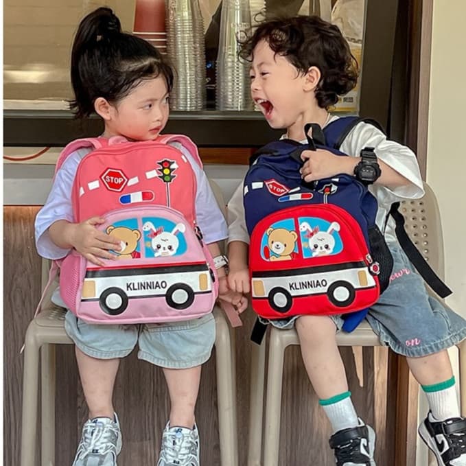 Mochila Infantil Escolar Menina e Menino padrão de carro de polícia