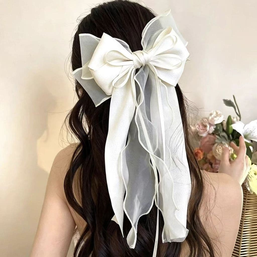 Presilha de cabelo com laço de organza extra grande e fitas longas, acessório de cabelo elegante para mulheres, estilo d